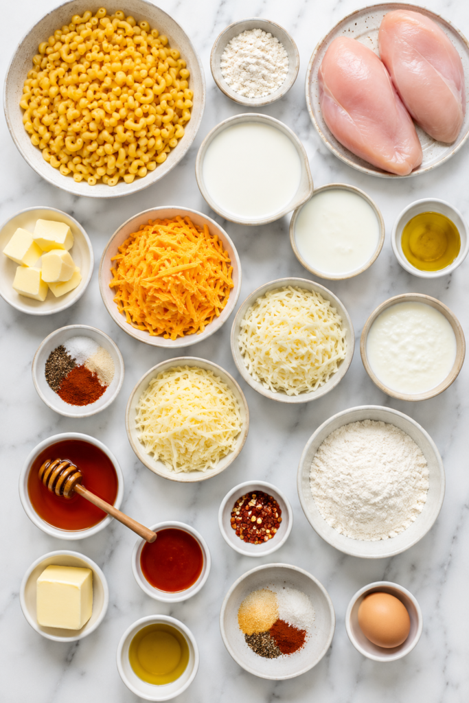 Flat lay of ingredients for hot honey chicken mac and cheese arranged in white bowls on a white marble countertop, including chicken breasts, pasta, shredded cheese, honey, hot sauce, milk, flour, butter, and seasonings.