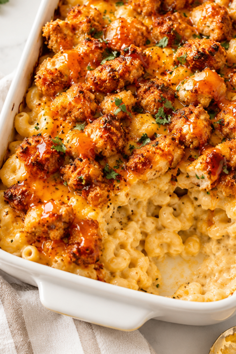 Creamy hot honey chicken mac and cheese in a white baking dish with crispy chicken pieces, drizzled with hot honey on a white marble countertop with a gold spoon and neutral kitchen towel.