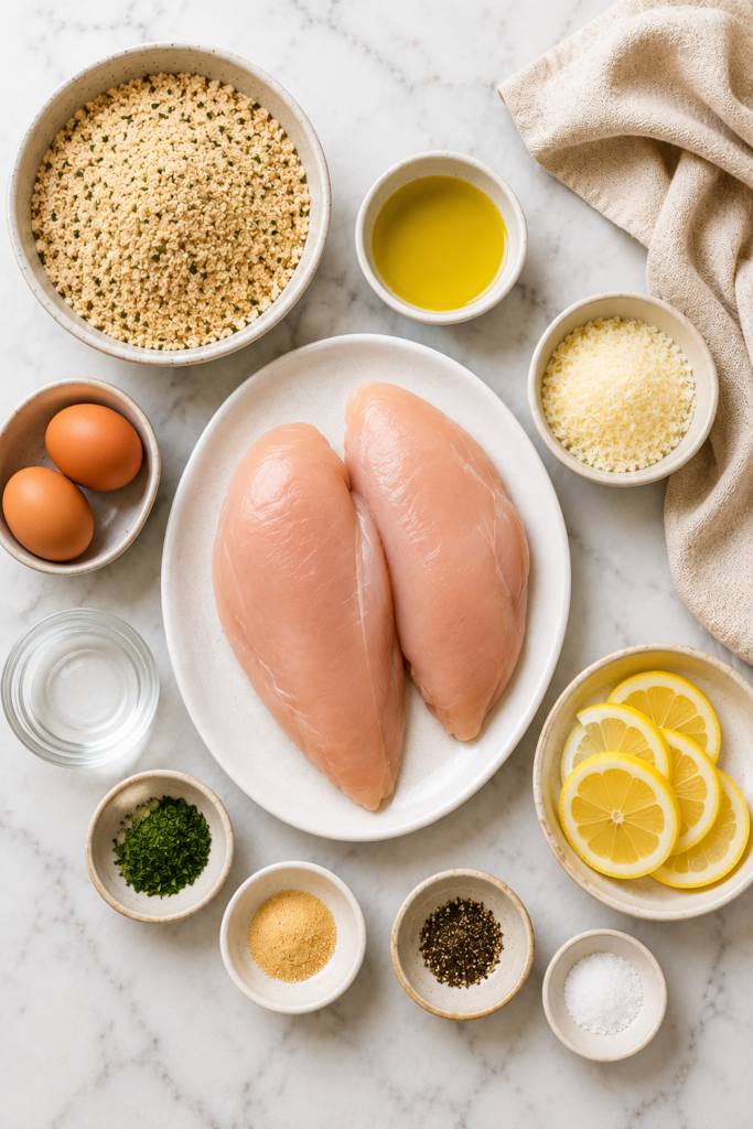 Flat lay of ingredients for Italian breaded chicken cutlets including chicken breasts, eggs, Italian breadcrumbs, Parmesan cheese, olive oil, seasonings, and lemon slices on a marble countertop.