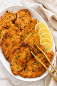 Golden crispy Italian breaded chicken cutlets arranged on a white platter with sliced lemons and gold tongs on a marble countertop.