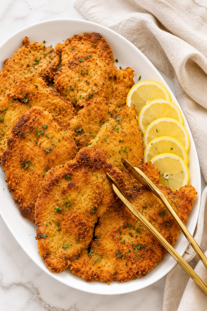 Golden crispy Italian breaded chicken cutlets arranged on a white platter with sliced lemons and gold tongs on a marble countertop.