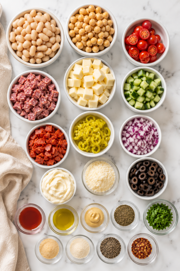 Flat lay of ingredients for Italian Grinder Bean Salad including cannellini beans, chickpeas, salami, pepperoni, provolone cheese, cherry tomatoes, cucumber, red onion, pepperoncini, black olives, Parmesan cheese, mayonnaise, olive oil, red wine vinegar, Dijon mustard, Italian seasoning, garlic powder, onion powder, parsley, black pepper, and crushed red pepper.