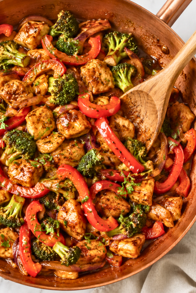 Jerk chicken stir fry with broccoli, red bell peppers, and onions cooked in a copper pan on a white marble countertop.
