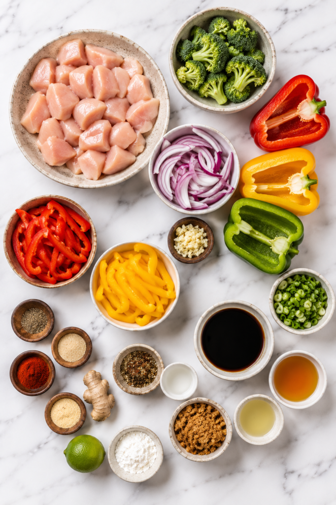 Flat lay of ingredients for jerk chicken stir fry including chicken breast, broccoli, bell peppers, red onion, garlic, soy sauce, lime, ginger, and jerk seasoning on a white marble countertop.