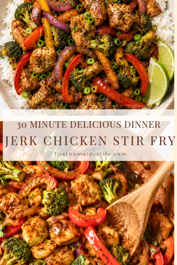Jerk chicken stir fry served over white rice with broccoli, bell peppers, red onions, and lime wedges in a bowl.