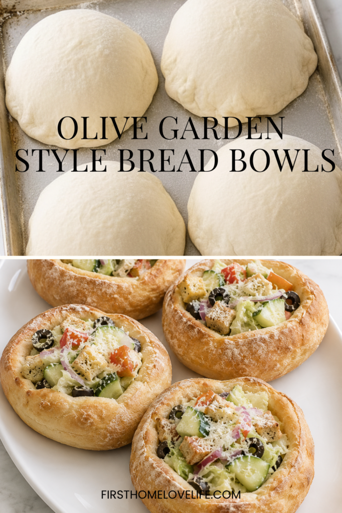 Step-by-step collage showing bread dough shaped over upside-down bowls before baking and finished homemade bread bowls filled with Olive Garden-style salad on a white platter.