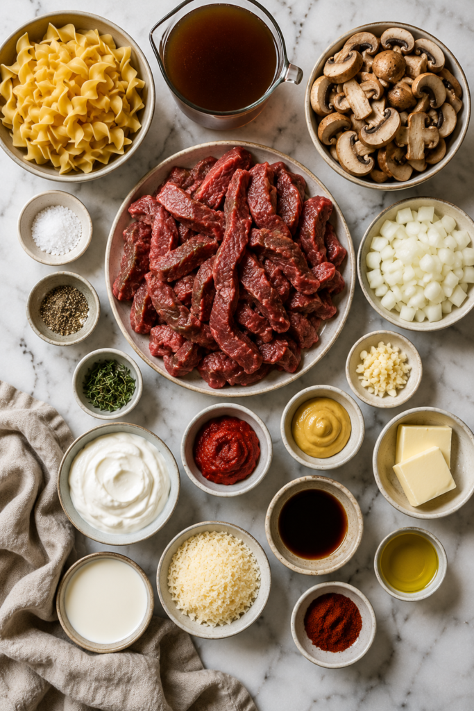 Flat lay of ingredients for One Pan Steak Diane Stroganoff including steak, mushrooms, egg noodles, beef broth, sour cream, Dijon mustard, garlic, onions, Parmesan cheese, and seasonings on a marble countertop.
