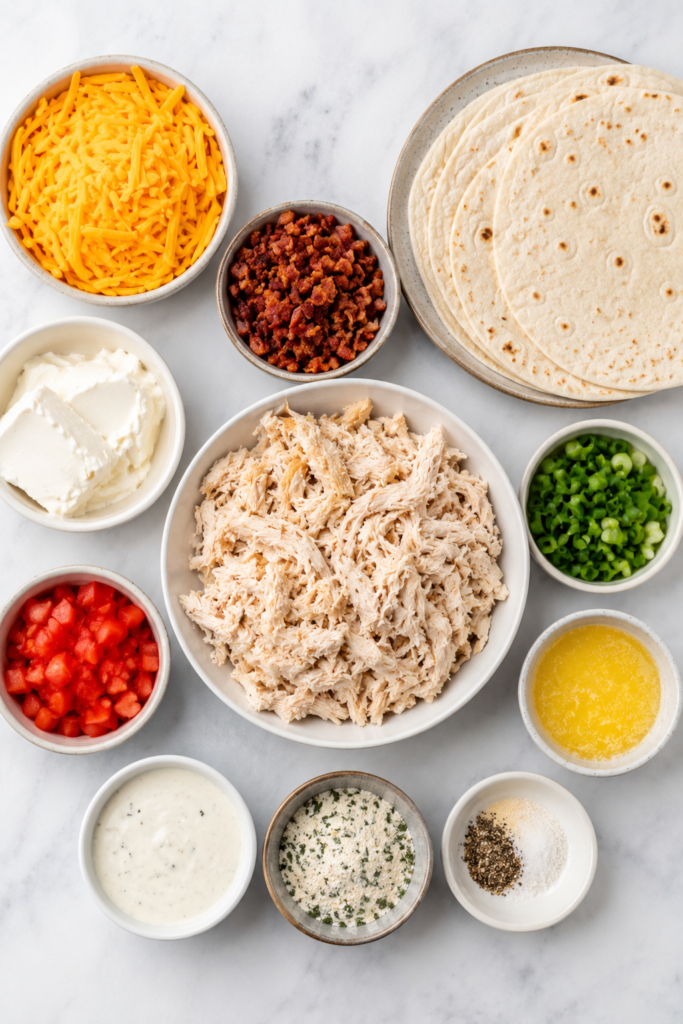 Flat lay of ingredients for oven baked crack chicken tacos including shredded chicken, bacon, cheddar cheese, cream cheese, ranch seasoning, tortillas, tomatoes, green onions, and ranch dressing on a white marble countertop.