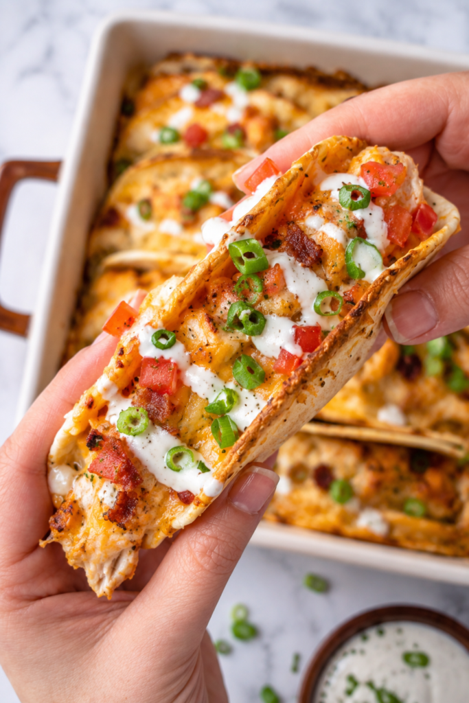 Hand holding a cheesy oven baked crack chicken taco topped with ranch dressing, bacon, diced tomatoes, and green onions with crispy baked tacos in the background.