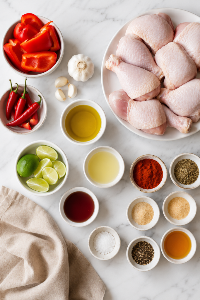 Flat lay of ingredients for peri peri grilled chicken including chicken thighs, peppers, garlic, lime, olive oil, spices, and honey on a marble countertop.