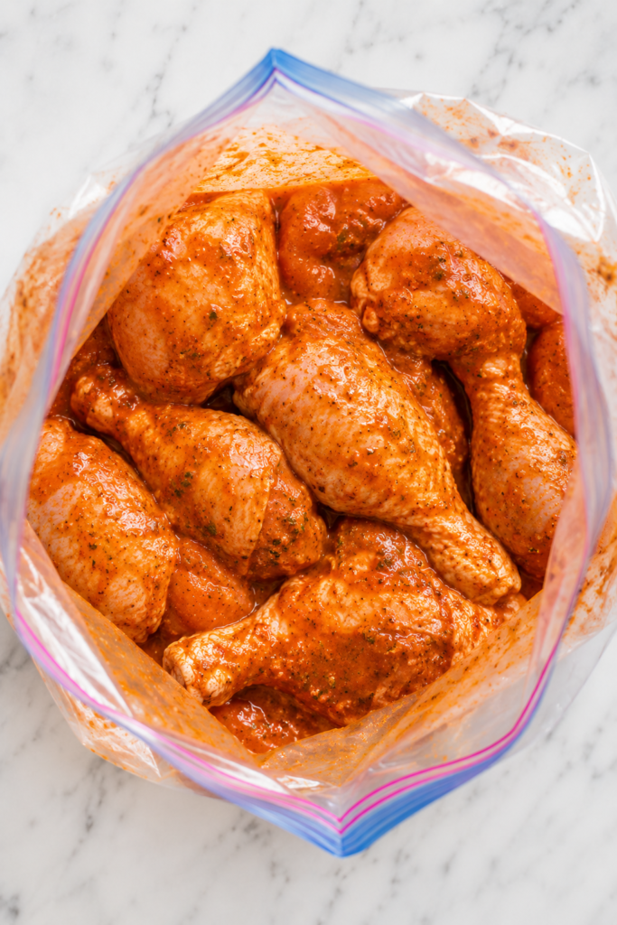 Overhead view of peri peri chicken marinating in a large zip-top bag with spicy homemade peri peri sauce.