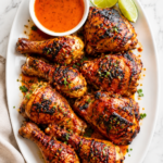 Charred peri peri grilled chicken on a white platter with spicy sauce, lime wedges, and fresh herbs on a marble countertop.