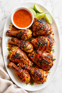 Charred peri peri grilled chicken on a white platter with spicy sauce, lime wedges, and fresh herbs on a marble countertop.