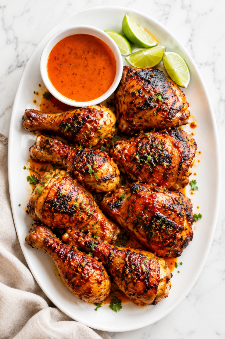 Charred peri peri grilled chicken on a white platter with spicy sauce, lime wedges, and fresh herbs on a marble countertop.