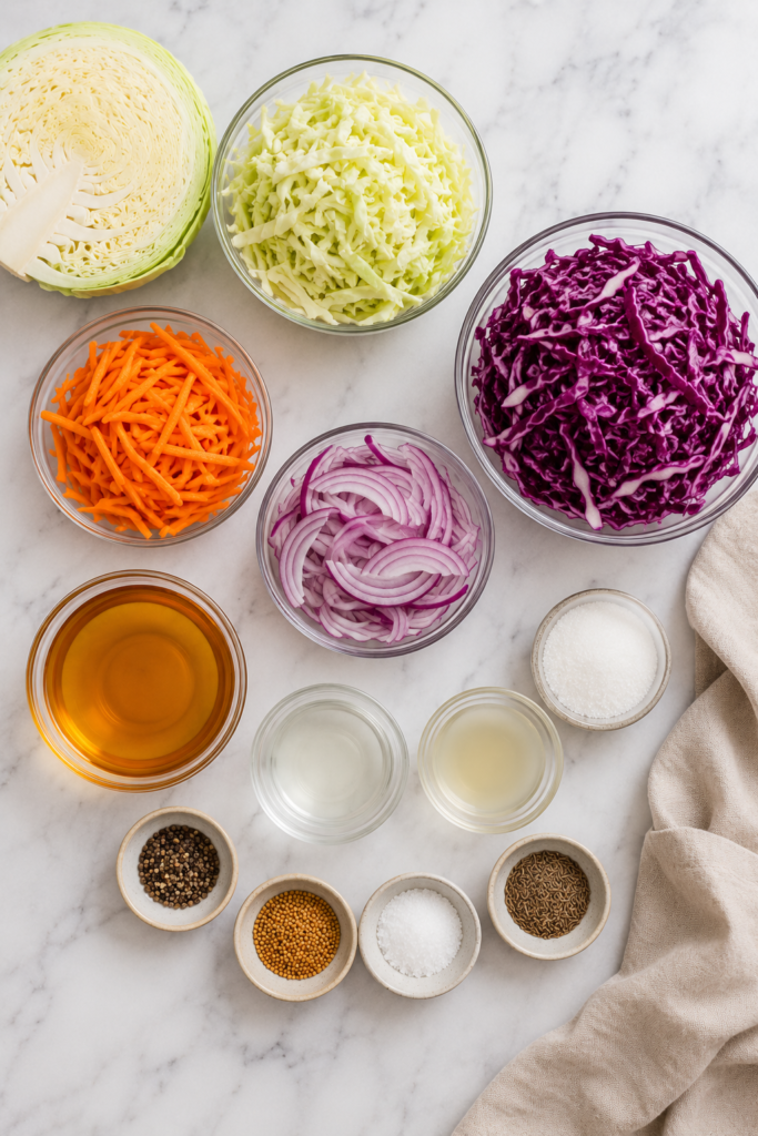 Flat lay of ingredients for pickled cabbage slaw including green cabbage, red cabbage, carrots, red onion, vinegar, sugar, mustard seed, celery seed, salt, and pepper on a white marble countertop.