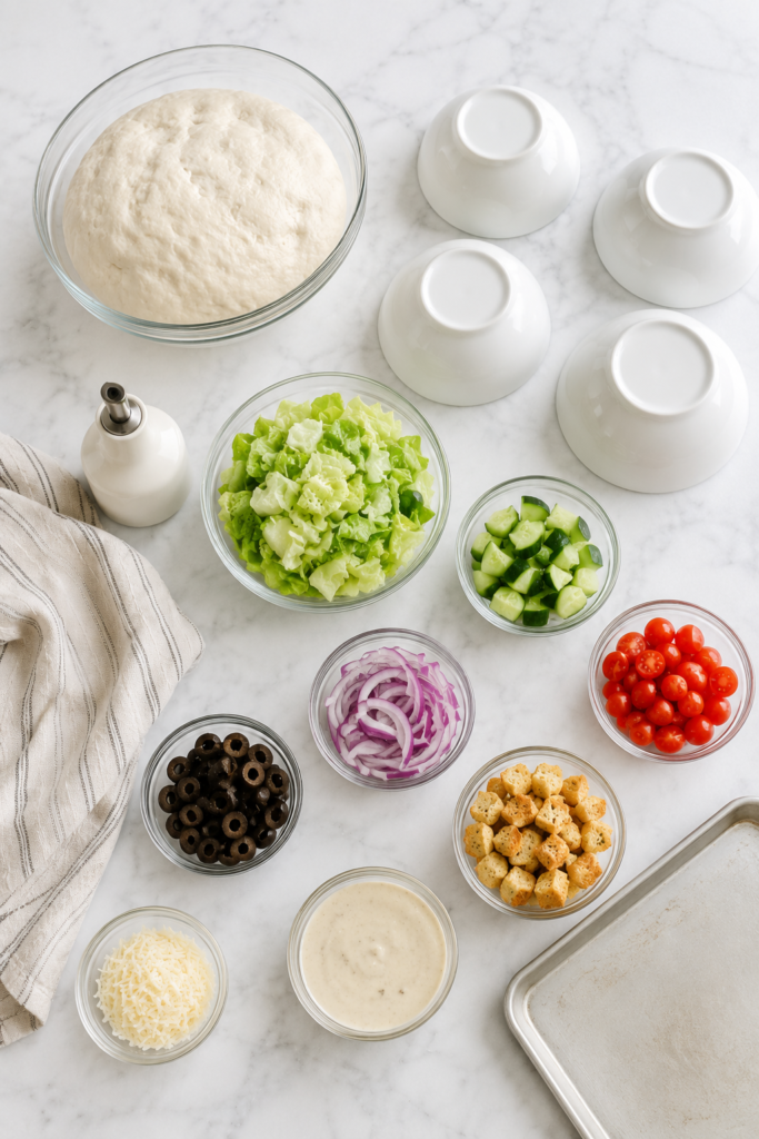 Overhead flat lay of ingredients and tools for homemade salad bread bowls including bread dough, lettuce, cucumbers, tomatoes, red onion, black olives, croutons, Parmesan cheese, dressing, oven-safe bowls, and baking sheet on a white marble countertop.