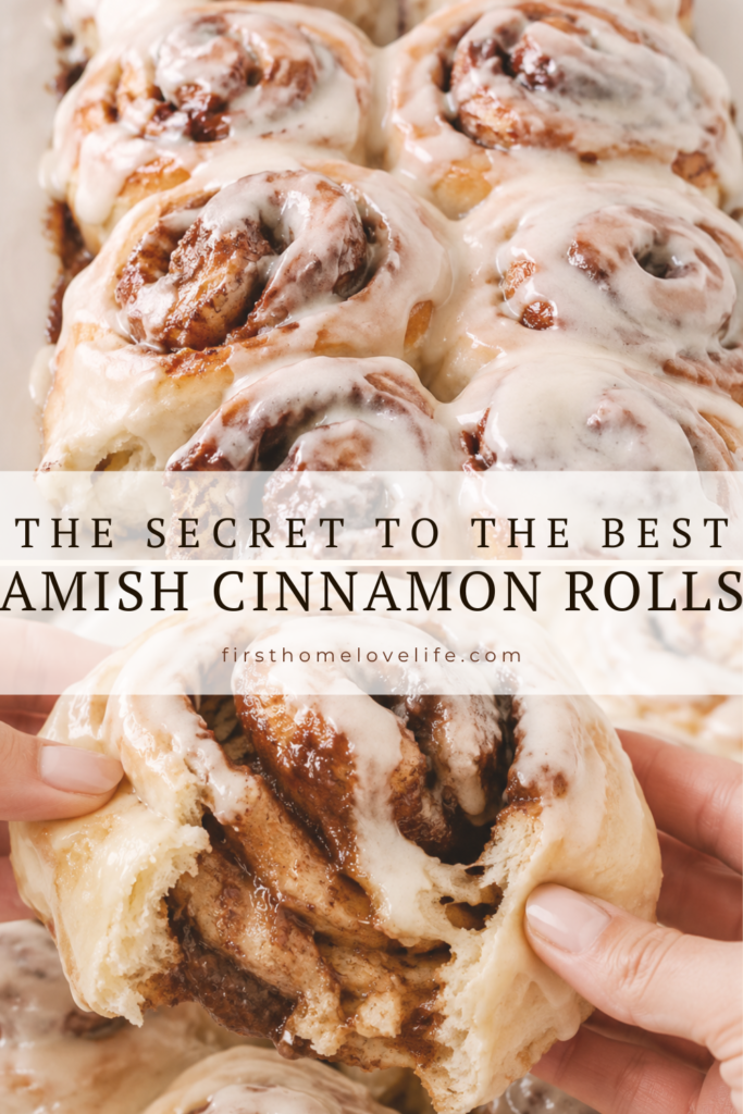 Pinterest pin featuring soft and gooey Amish cinnamon rolls made with mashed potatoes and topped with cream cheese frosting.