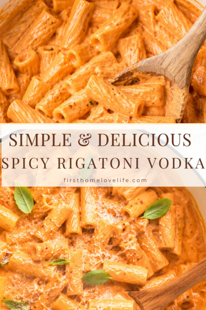 Creamy spicy rigatoni vodka pasta in a white enamel pot with Parmesan cheese, fresh basil, and a wooden spoon stirring the sauce.