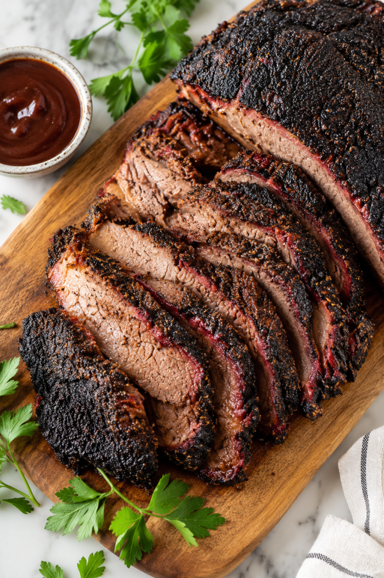 Juicy smoked brisket sliced on a wooden cutting board with a dark bark and smoky smoke ring, served on a white marble countertop.