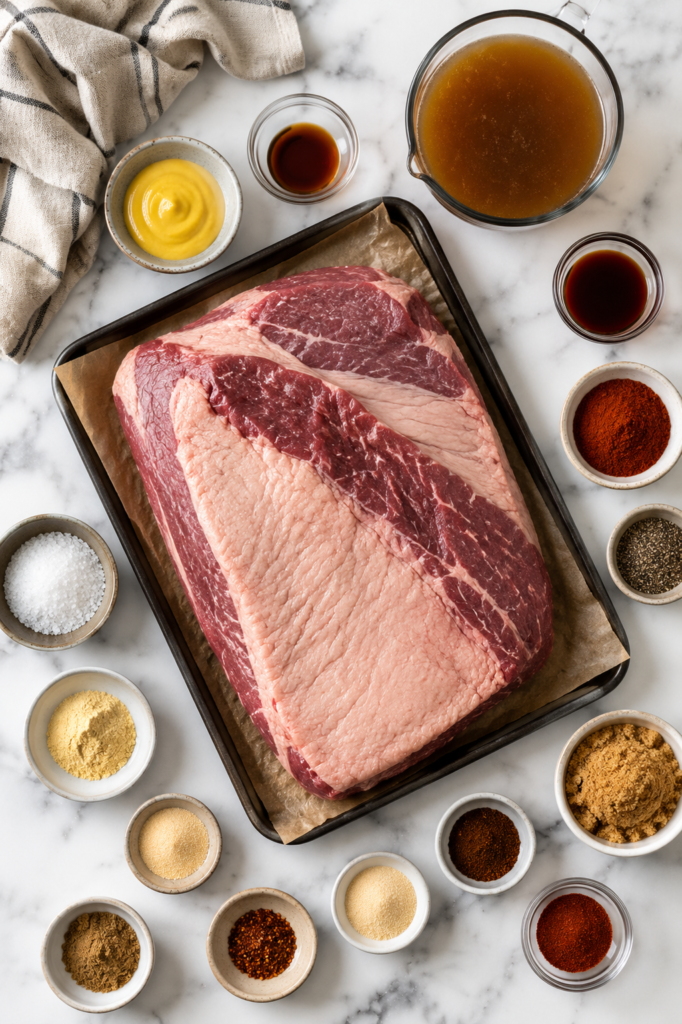 Flat lay of raw beef brisket with spices, mustard, beef broth, Worcestershire sauce, and seasonings arranged on a white marble countertop.