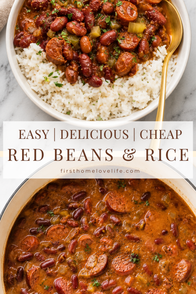 Southern red beans and rice with smoked sausage served in a white bowl on a marble countertop with a gold spoon.