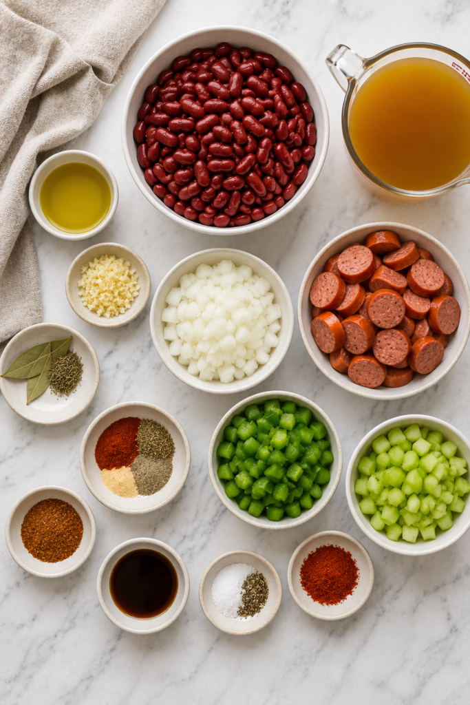 Flat lay of ingredients for Southern red beans and rice including red beans, smoked sausage, onion, celery, bell pepper, garlic, broth, and Cajun seasonings on a marble countertop.