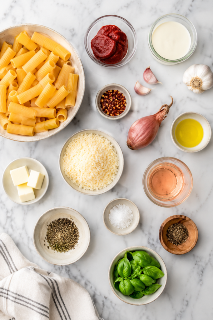 Flat lay of ingredients for spicy rigatoni vodka including rigatoni pasta, tomato paste, heavy cream, garlic, shallots, Parmesan cheese, basil, vodka, butter, and red pepper flakes on a marble countertop.