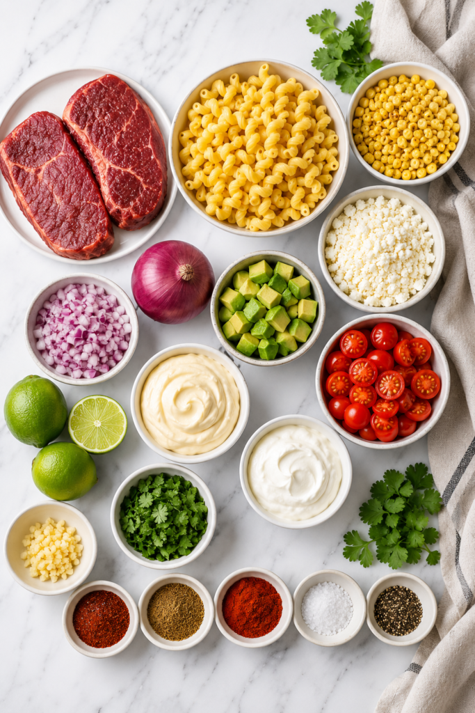 Overhead flat lay of ingredients for steak and Mexican corn pasta salad including raw steak, corkscrew pasta, roasted corn, cotija cheese, avocado, cherry tomatoes, red onion, cilantro, lime, sour cream, mayonnaise, garlic, and spices on a white marble countertop.