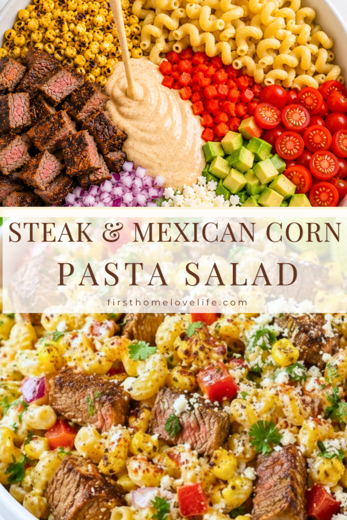 Steak and Mexican Corn Pasta Salad combines grilled steak, Mexican street corn flavors, cavatappi pasta, and a creamy chili lime dressing for the ultimate summer meal.
