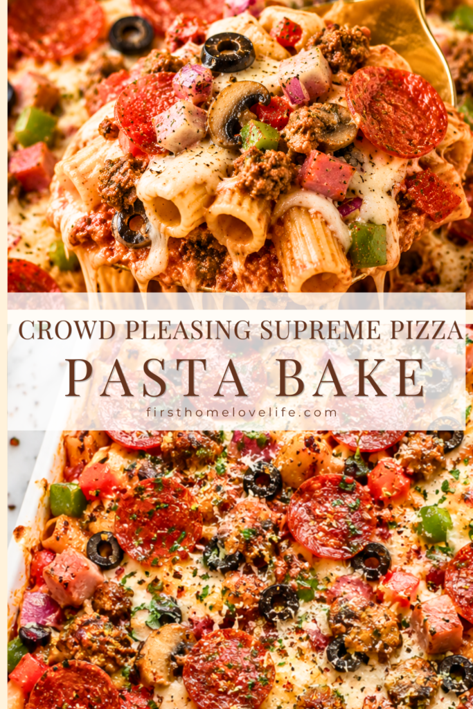Close-up of a gold spoon lifting a cheesy serving of Supreme Pizza Pasta Bake loaded with pepperoni, Italian sausage, Canadian bacon, mushrooms, black olives, bell peppers, rigatoni pasta, and melted mozzarella cheese.