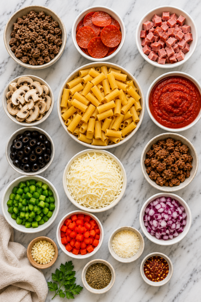 Flat lay of ingredients for Supreme Pizza Pasta Bake including rigatoni pasta, Italian sausage, ground beef, pepperoni, Canadian bacon, mozzarella cheese, marinara sauce, mushrooms, black olives, bell peppers, red onion, and garlic.
