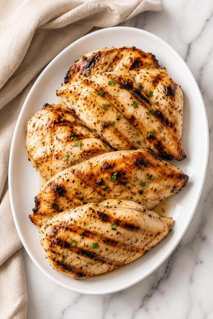 Juicy grilled chicken breasts on a white oval platter with grill marks, served on a marble countertop with a neutral linen cloth.
