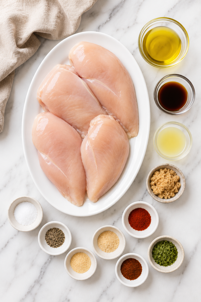 Ingredient flat lay for Texas Roadhouse grilled chicken recipe featuring raw chicken breasts, seasonings, olive oil, Worcestershire sauce, and lemon juice on a marble countertop.