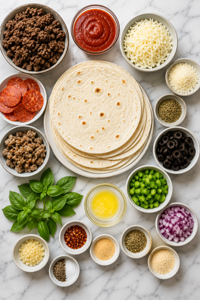 Flat lay of ingredients for tortilla pizza tacos including flour tortillas, ground beef, pizza sauce, mozzarella cheese, pepperoni, olives, peppers, onions, Parmesan cheese, basil, and seasonings on a white marble countertop.
