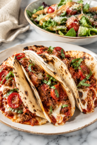 Crispy tortilla pizza tacos stuffed with seasoned beef, pizza sauce, melted mozzarella cheese, and pepperoni on a white platter with a fresh Italian salad topped with Parmesan on a marble countertop.
