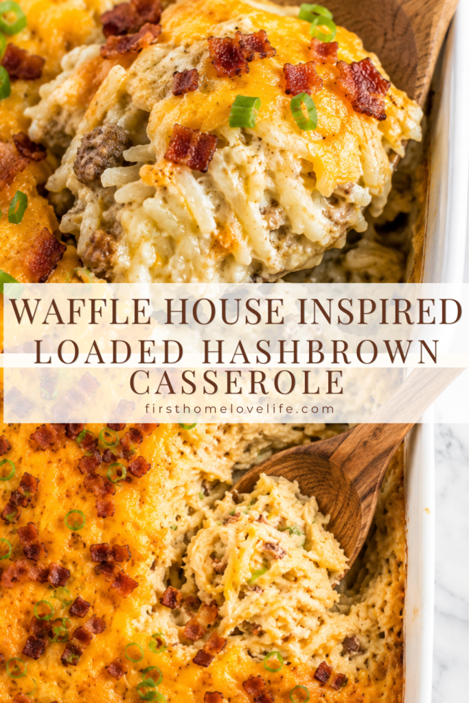 Close-up of a wooden spoon scooping creamy Waffle House inspired loaded hashbrown casserole topped with melted cheddar cheese, crispy bacon, and green onions from a white baking dish.