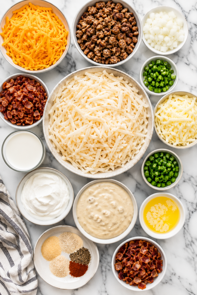 Overhead flat lay of ingredients for Waffle House Loaded Hashbrown Casserole on a white marble counter including shredded potatoes, cheese, bacon, sausage, onions, jalapeños, sour cream, milk, butter, and seasonings.