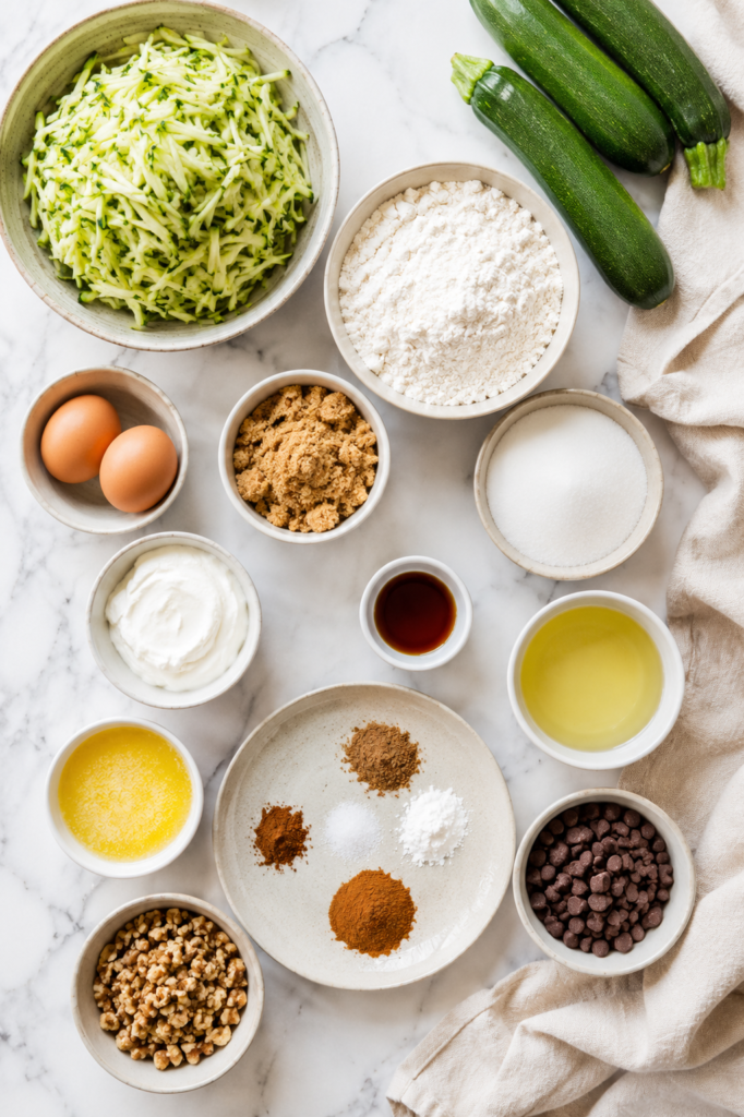 Flat lay of ingredients for classic zucchini bread including shredded zucchini, flour, eggs, sugar, cinnamon, vanilla, oil, sour cream, walnuts, and chocolate chips on a white marble countertop.
