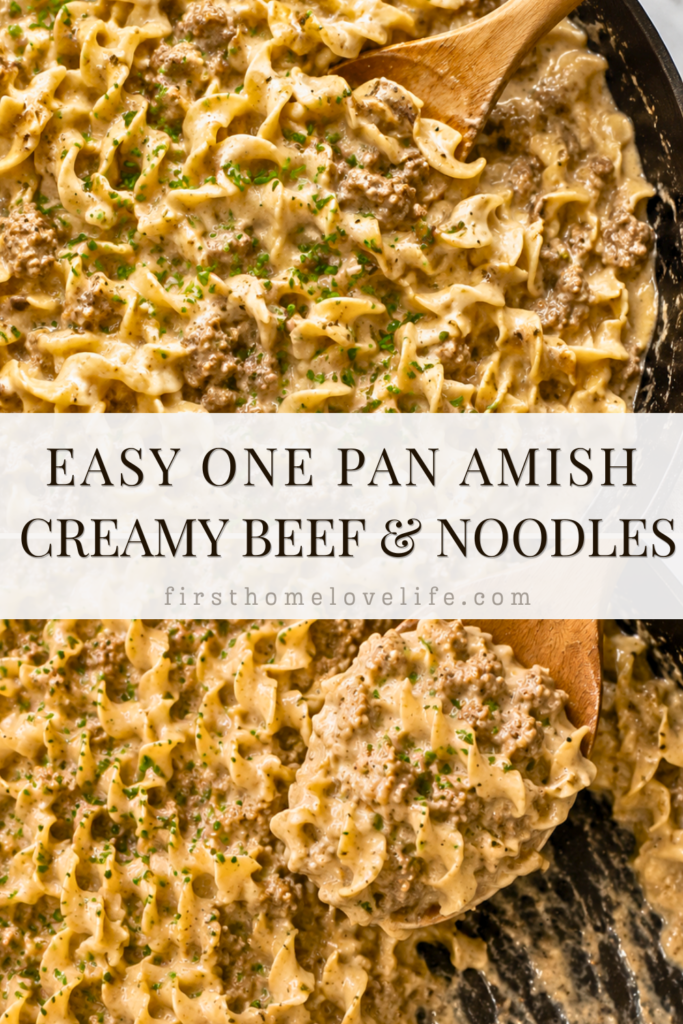 A wooden spoon scooping creamy Amish beef and noodles from a cast iron skillet with a rich homemade beef gravy and rustic egg noodles.
