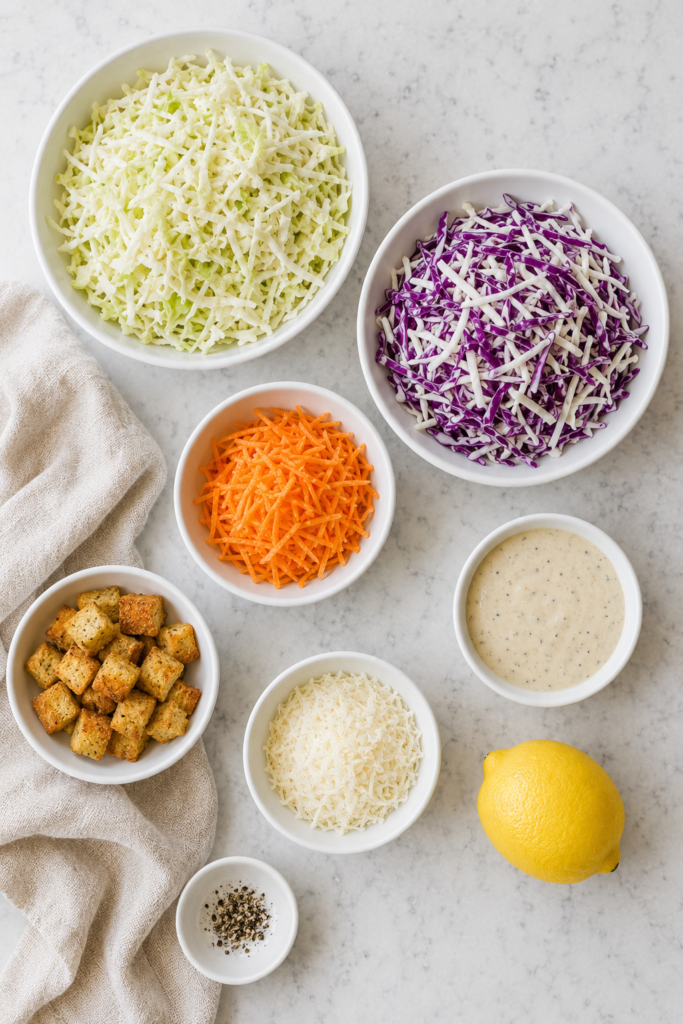 Ingredients for Caesar salad coleslaw, including green cabbage, red cabbage, carrots, Caesar dressing, Parmesan cheese, croutons, lemon, and black pepper.