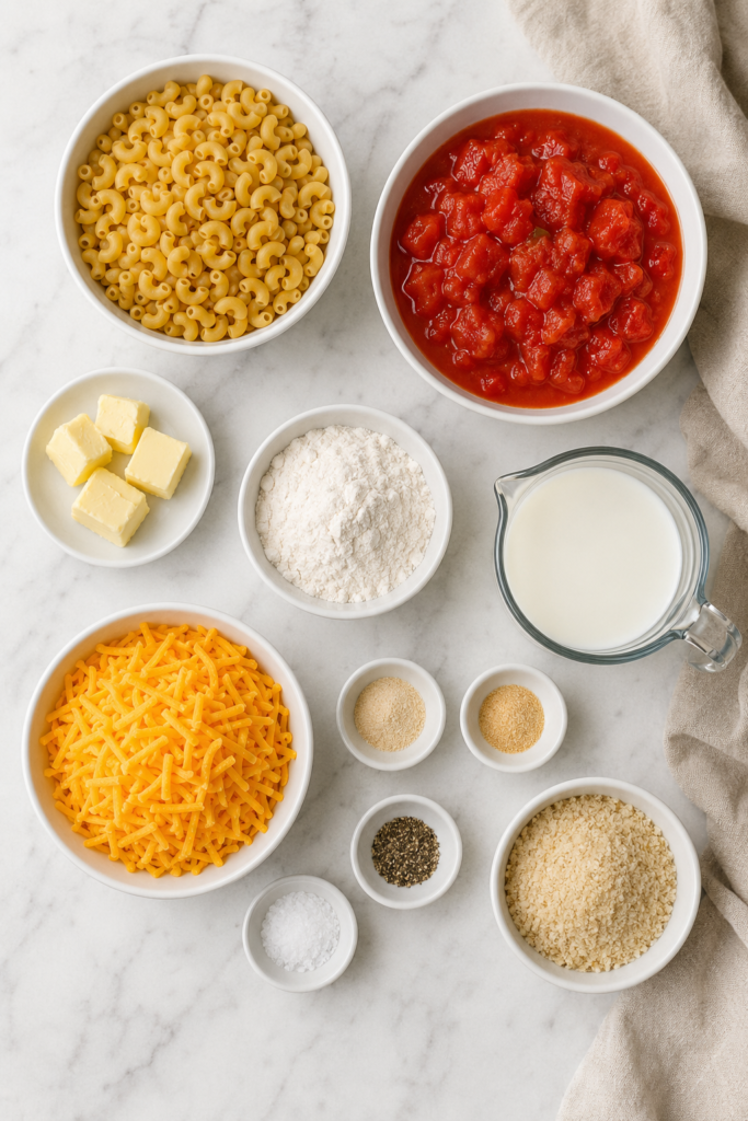 Ingredients for baked macaroni with stewed tomatoes, including elbow macaroni, stewed tomatoes, cheddar cheese, milk, butter, flour, breadcrumbs, and seasonings.