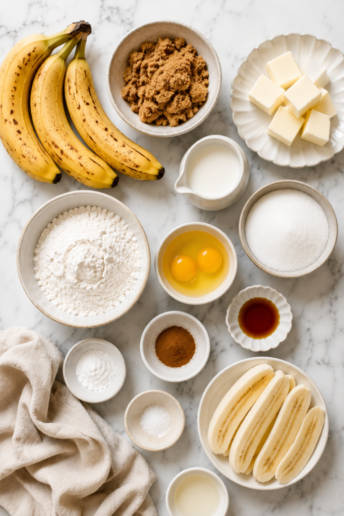 ingredients for Banana Foster Upside Down Cake including ripe bananas, brown sugar, butter, flour, eggs, vanilla, milk, cinnamon, baking powder, and salt on a white marble countertop.