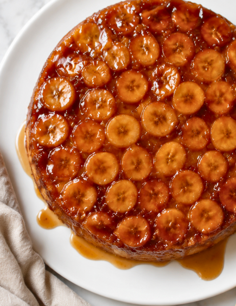 Banana Foster upside down cake on a white plate with caramelized banana slices, buttery caramel dripping onto the plate