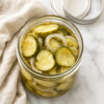 Open mason jar filled with homemade bread and butter pickle slices and onions in a sweet and tangy brine.