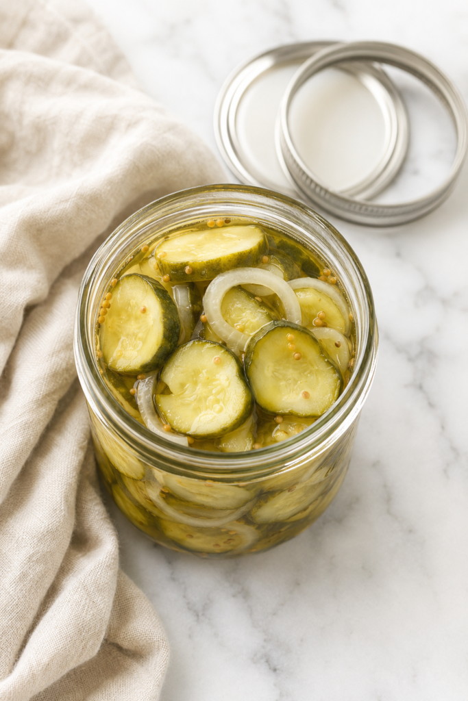 Open mason jar filled with homemade bread and butter pickle slices and onions in a sweet and tangy brine.