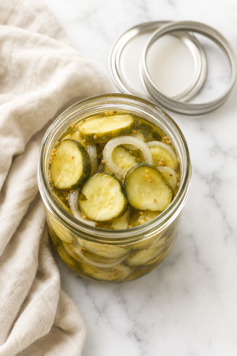 Open mason jar filled with homemade bread and butter pickle slices and onions in a sweet and tangy brine.