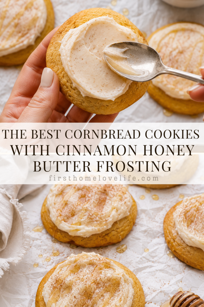 Soft homemade cornbread cookies topped with fluffy cinnamon honey butter frosting, honey drizzle, and cinnamon sugar. Easy bakery-style Southern cookie recipe.