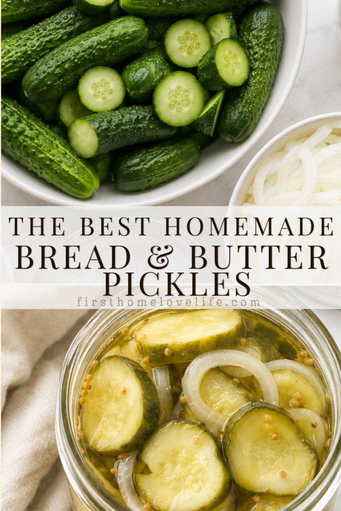 Pinterest collage showing fresh pickling cucumbers, sliced onions, and a jar of homemade bread and butter pickles in golden brine.