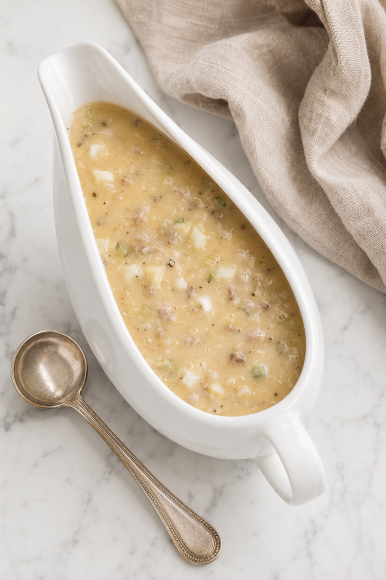 Homemade turkey giblet gravy with chopped giblets and eggs served in a white gravy boat.