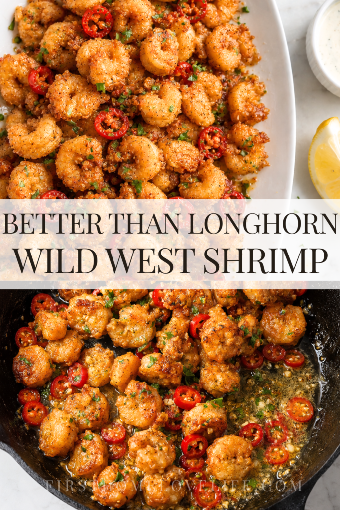 Pinterest pin featuring crispy Copycat LongHorn Wild West Shrimp with spicy cherry peppers and garlic butter.